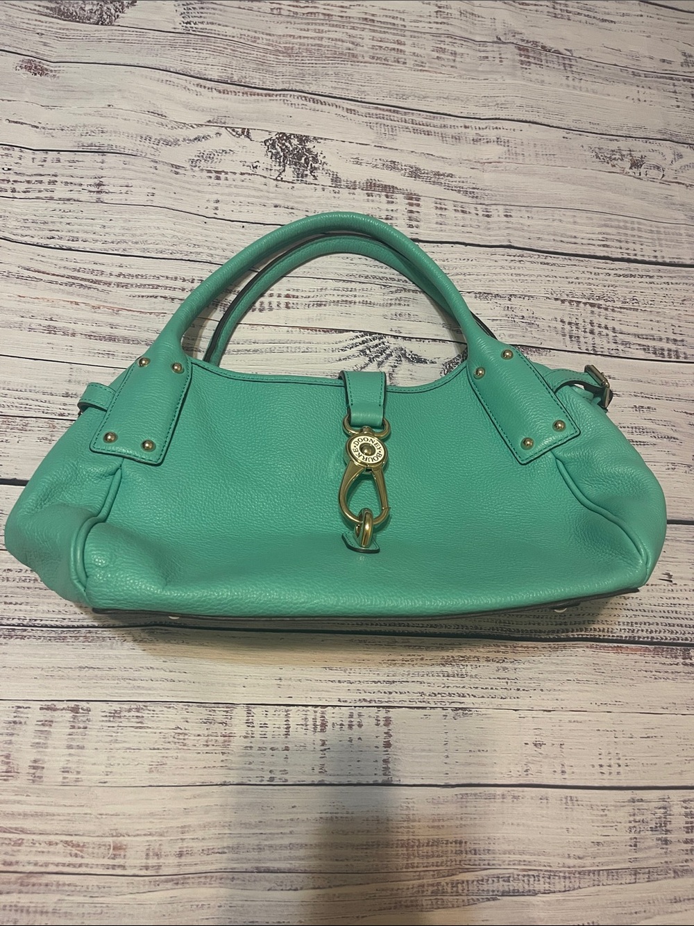 Dooney & Bourke Green Belvedere Logo Lock Turquoise Leather Top-Handle Bag